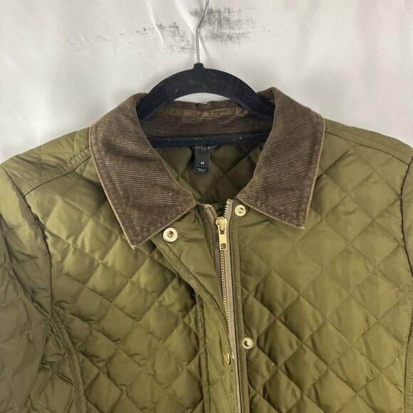 J. Crew Dark Green Quilted Jacket w/ Brown Corduroy Collar Women's Size M - Picture 3 of 11